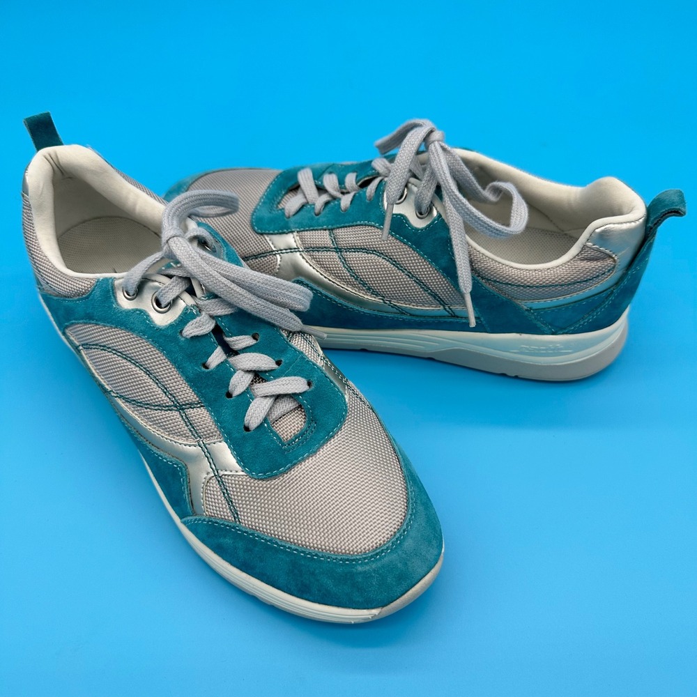 Earth Traveler Teal Silver Mesh Lace Up Athletic Sneakers Women‎ sz 8.5